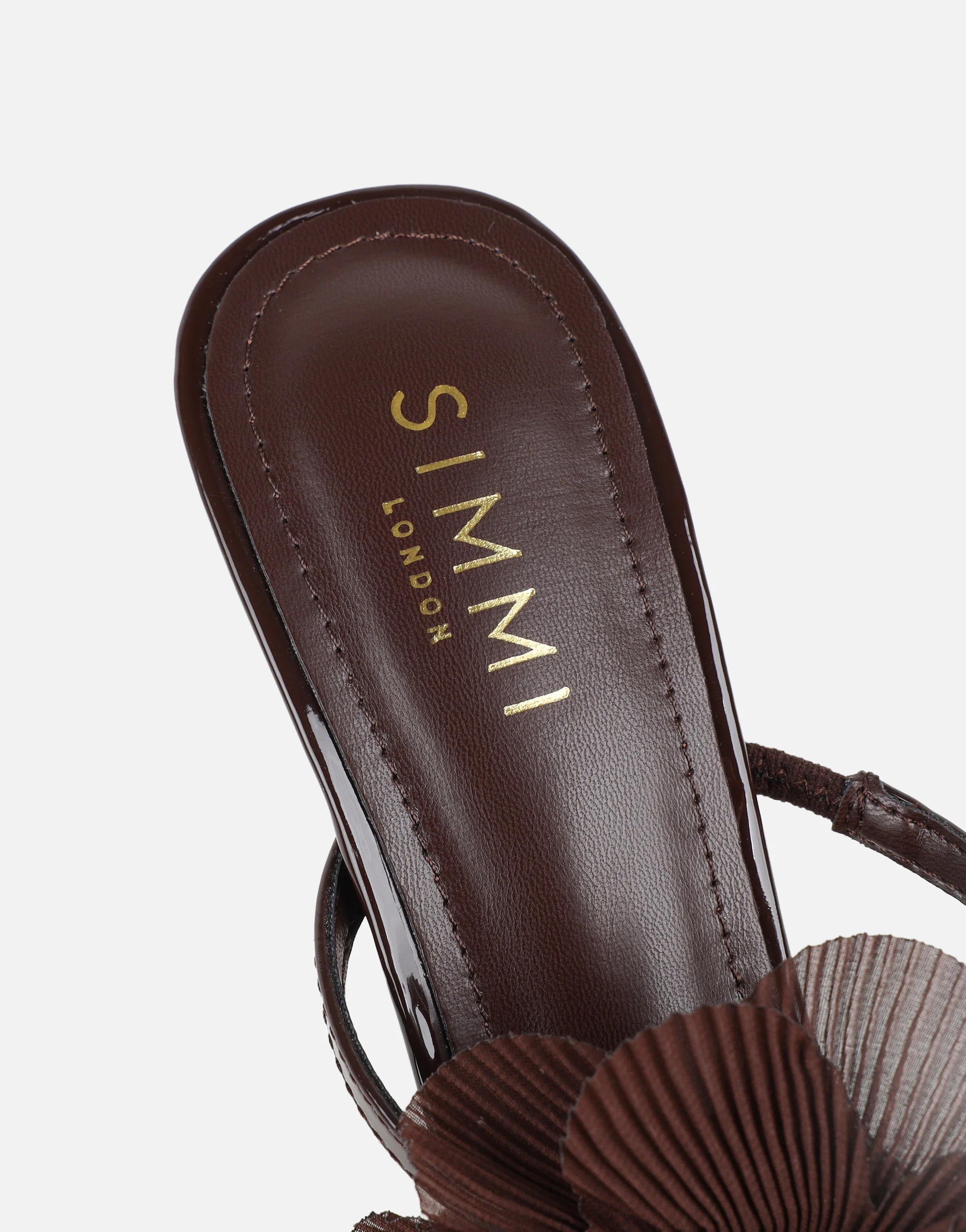 Tina Chocolate Patent Flower Detail Heeled Sandals - Image 3