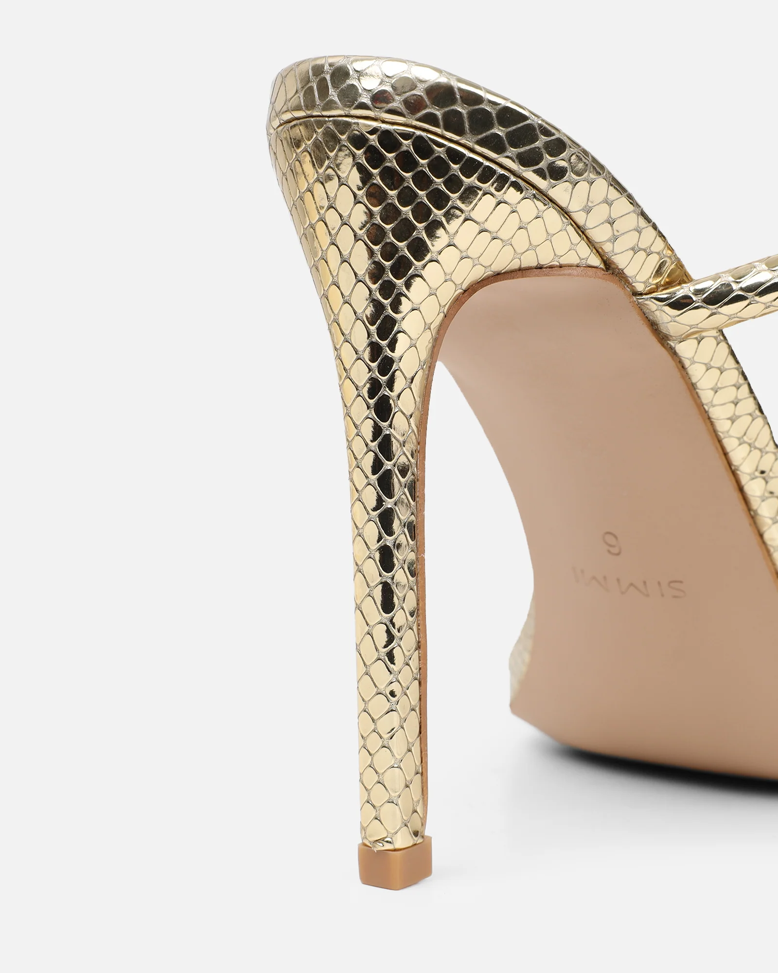 Zuleta Gold Snake Effect Stiletto Heeled Mules - Image 3